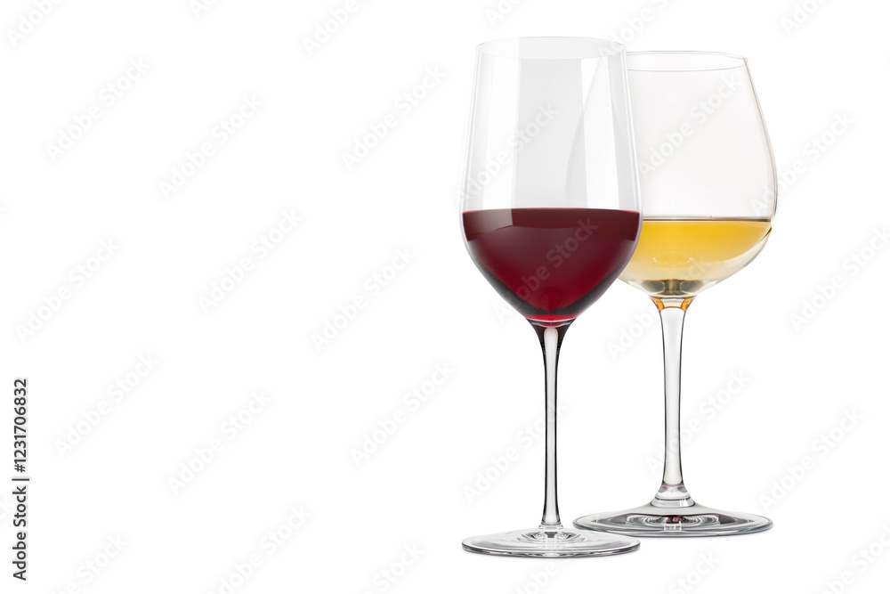 Set of red and white wine glasses isolated on white background. Rose wine splashing in glassware. Set of red and white wine glasses isolated on white background. Rose wine splashing in glassware.