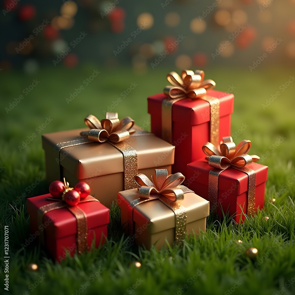 Fototapeta premium Merry and Bright Nostalgic Holiday Gift Showcase on Lush Green Grass