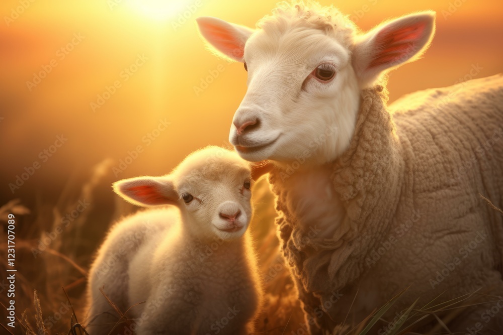 Fototapeta premium Mother sheep with her baby lamb backlit by golden sunset light in a peaceful meadow