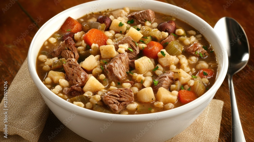 Hearty Beef Barley Soup with Vegetables in White Bowl Hearty Beef Barley Soup with Vegetables in White Bowl