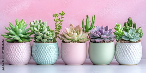 Succulent plants arrangement on pastel colored background. Potted succulent house plants. Flat lay, top view, copy space