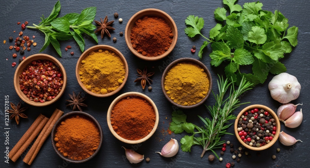 Vibrant Spices Herbs and Garlic Culinary Background Vibrant Spices Herbs and Garlic Culinary Background