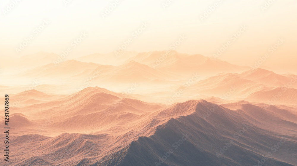 Naklejka premium Misty sunrise mountain range landscape, aerial view, peaceful morning scene, travel poster