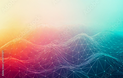 Abstract futuristic rainbow, gradient, pastel plexus background with connecting points and lines. Science, technology, business, space concept. Plexus design digital wallpaper. Copy space.