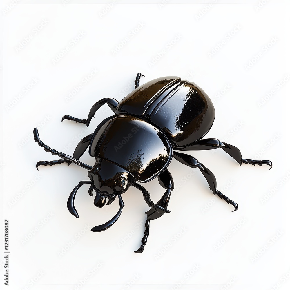 Naklejka premium horned rhinoceros beetle with a glossy black shell, placed on a bright white background