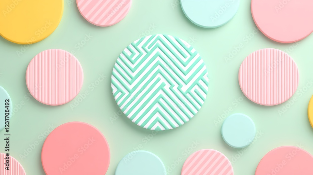 Colorful geometric shapes with patterns on a mint green background for creative design projects Colorful geometric shapes with patterns on a mint green background for creative design projects