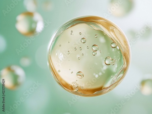 Golden oil bubble with photorealistic details and a glossy finish on background soft gradient of light green tones