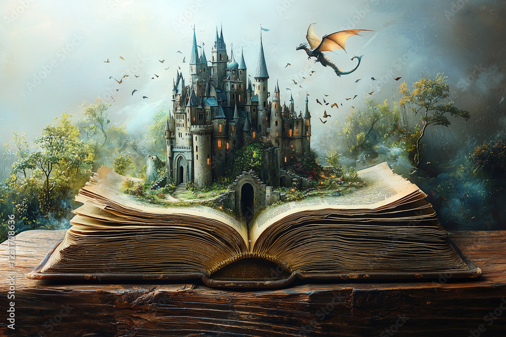 Fototapeta premium An open book from which an ancient castle and a dragon flies around. The book comes to life as something natural, and the dragon and the castle become part of the hero's life. 