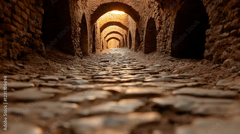 Cobblestone passageway in ancient city, sunlight ahead, architecture, travel