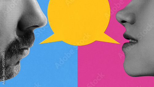 Conceptual graphic design. Man with mustache and woman in profile, large yellow speech bubble floating between them, highlighting dialogue, contrast, and social interaction. Concept of communication. photo