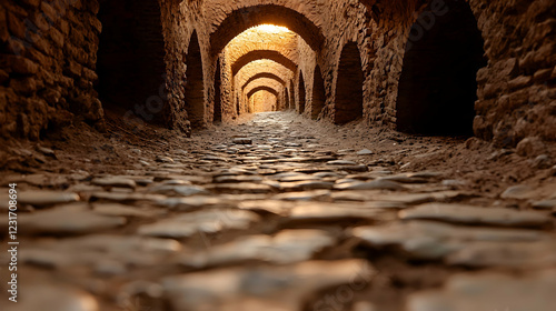 Obraz na płótnie Cobblestone passageway in ancient city, sunlight ahead, architecture, travel w salonie