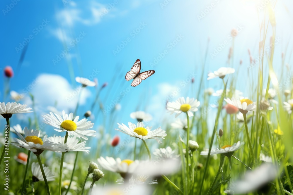 Fototapeta premium Beautiful white butterfly flying over white daisies in a field on a sunny day