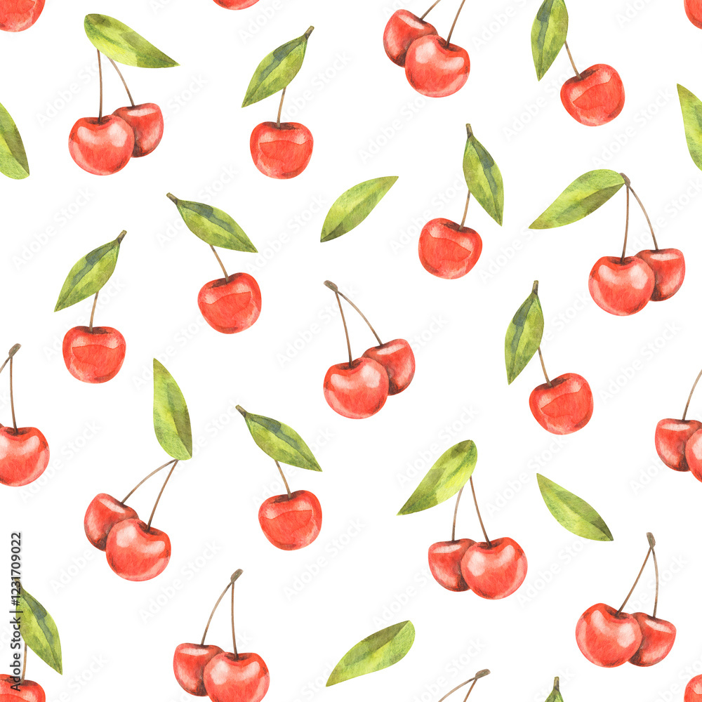Watercolor summer pattern with cherries. Hand-drawn seamless texture with red berries on white background Watercolor summer pattern with cherries. Hand-drawn seamless texture with red berries on white background