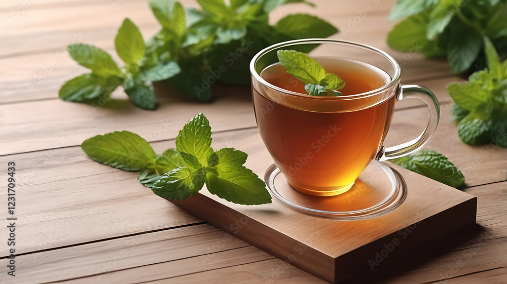 A clean glass cup filled with healthy herbal hot tea cup on a wooden table surface with fresh mint green leaves beside it. A clean glass cup filled with healthy herbal hot tea cup on a wooden table surface with fresh mint green leaves beside it.