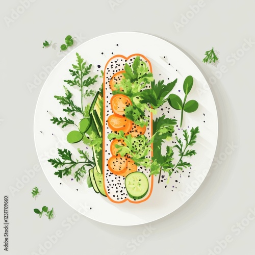 vector style flat illustration banh mi, low-angle, forest-themed plate, banh mi garnished with herbs and vegetables, natural and fresh. clean lines 2D design photo