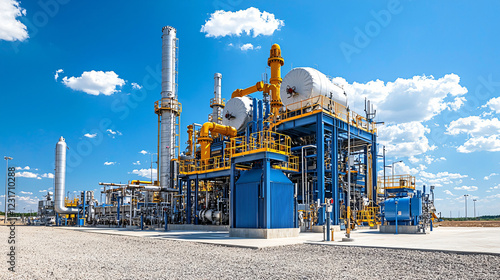 A large natural gas compressor station with multiple compressors and pipelines, set against an industrial backdrop.