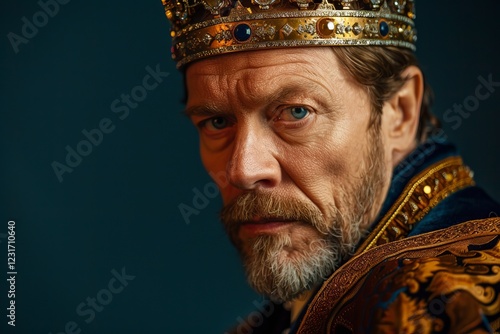 A regal man with a beard and a golden crown gazes intensely, embodying power and authority. Crowned in Royalty and Power, A Sovereign’s Glory photo