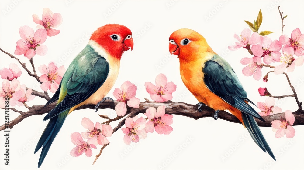 Two vibrant parrots perched on a blossoming branch, surrounded by delicate pink flowers, showcasing a colorful spring scene. Two vibrant parrots perched on a blossoming branch, surrounded by delicate pink flowers, showcasing a colorful spring scene.