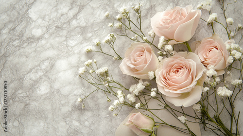 Elegant Pink Roses and Baby's Breath in Envelope on Marble Surface