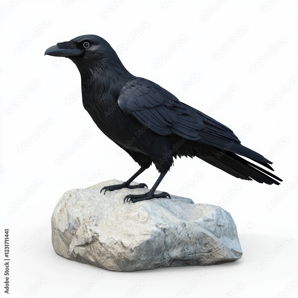 Fototapeta premium Large black raven standing on a rock with a mysterious gaze, placed on a bright white background