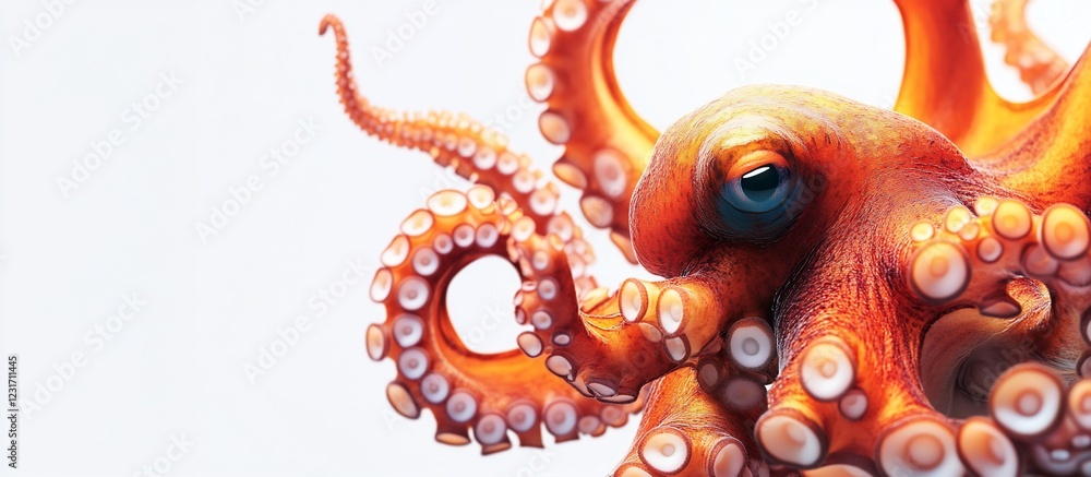 Fototapeta premium Orange octopus underwater close-up, white background, marine life