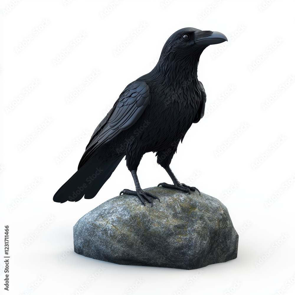 Fototapeta premium Large black raven standing on a rock with a mysterious gaze, placed on a bright white background
