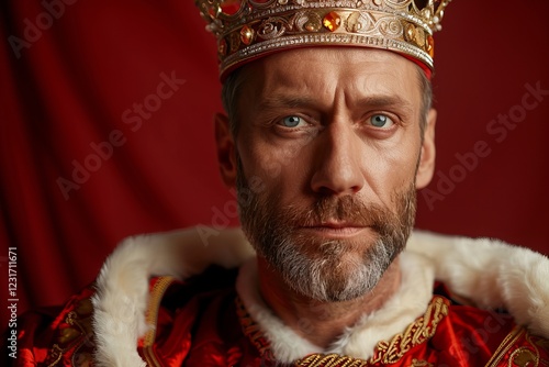 A regal man with a beard and piercing blue eyes wears a golden crown and luxurious red robes. Crowned in Royalty and Power, A Sovereign’s Glory photo