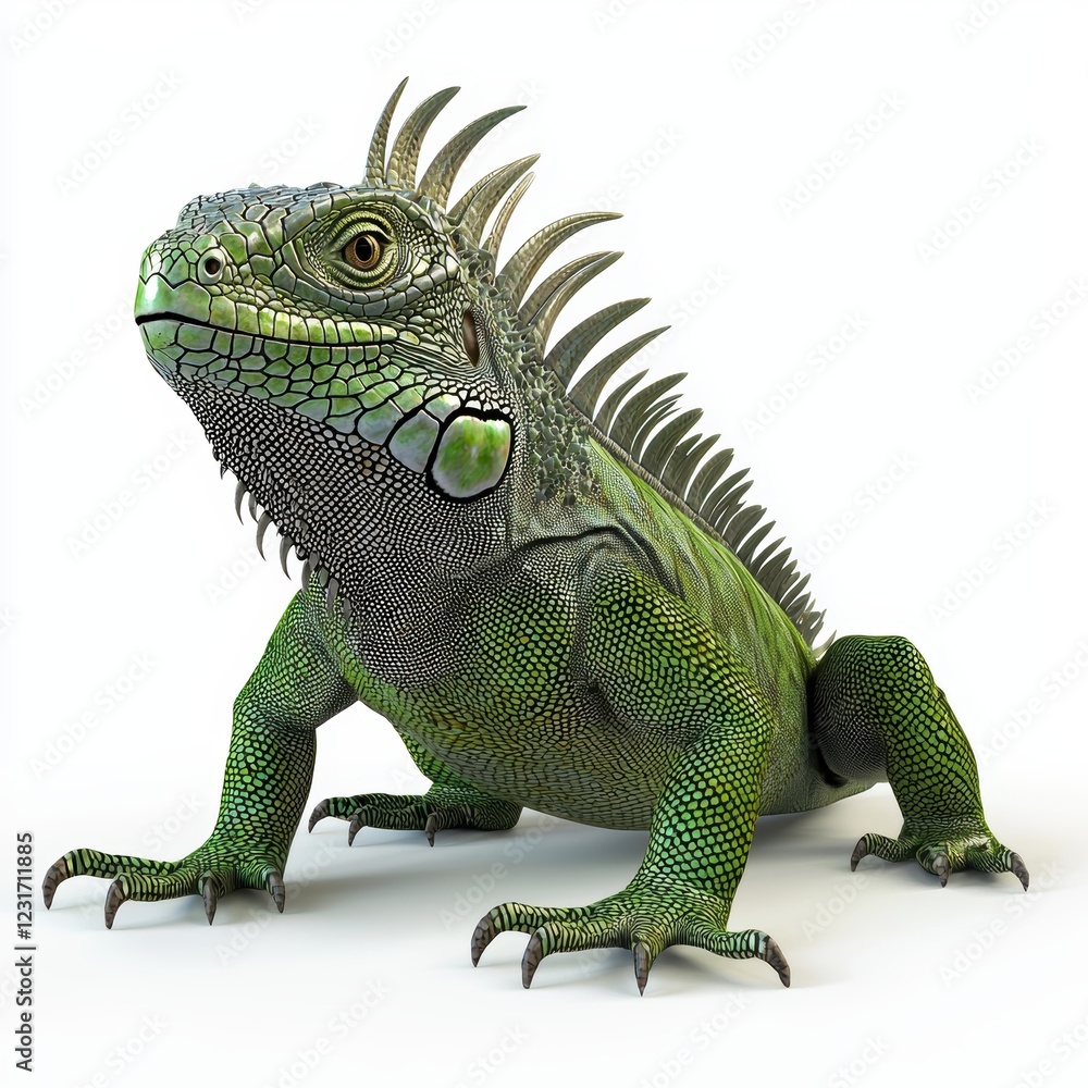 Fototapeta premium Large green iguana with spiky scales along its back, placed on a bright white background