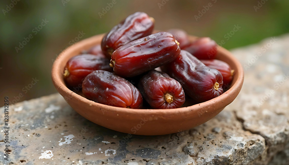 Fresh Dates in a Clay Bowl on a Natural Background Fresh Dates in a Clay Bowl on a Natural Background