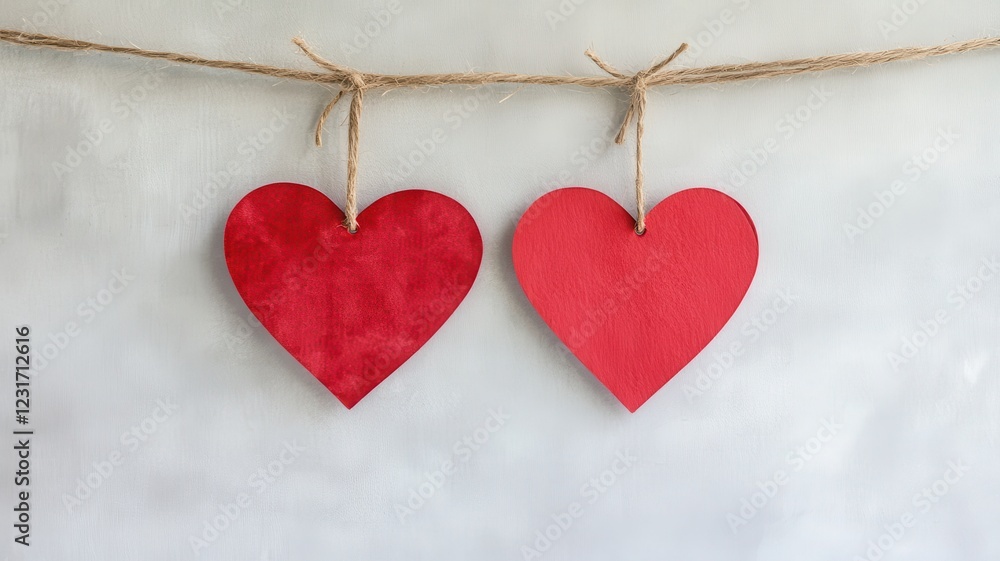 Two red heart decorations hang from a twine string against a neutral background, symbolizing love and affection. Two red heart decorations hang from a twine string against a neutral background, symbolizing love and affection.