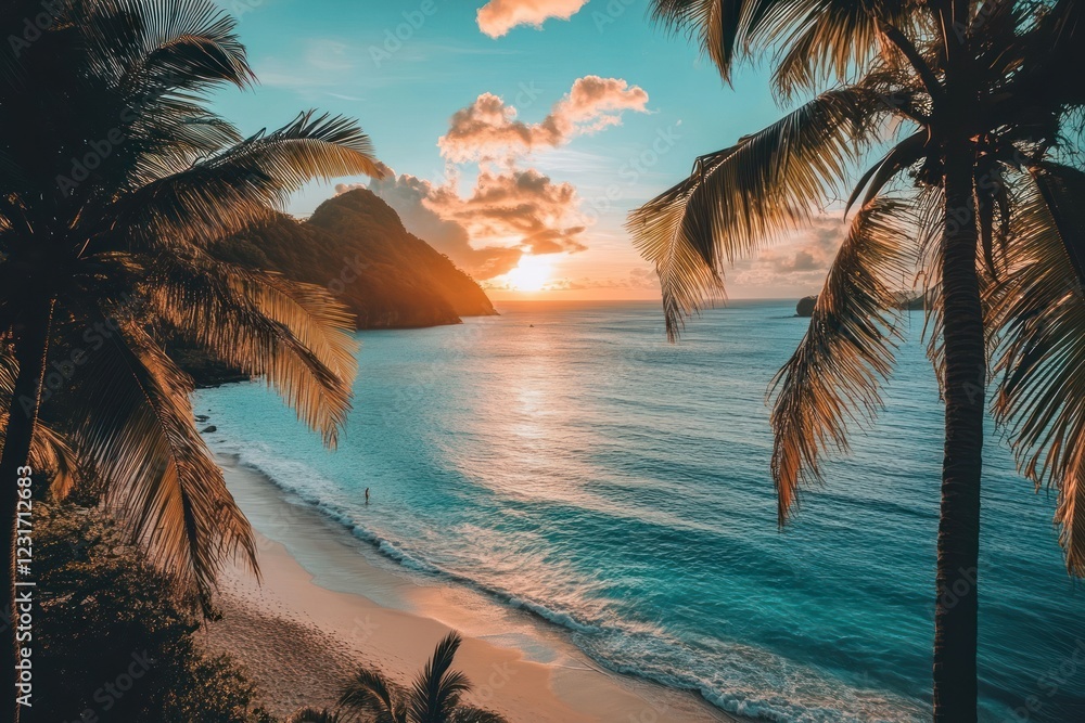 Naklejka premium Tropical sunset beach paradise, ocean view, palm trees, calm waves, travel postcard