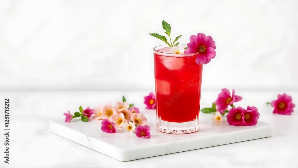 Refreshing Red Drink with Floral Accents on a Stylish Tray Refreshing Red Drink with Floral Accents on a Stylish Tray