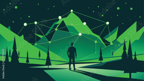 abstract vector illustration of a neural network with interconnected nodes, data flows, and digital algorithms, visualized with smooth lines and bright gradient colors.