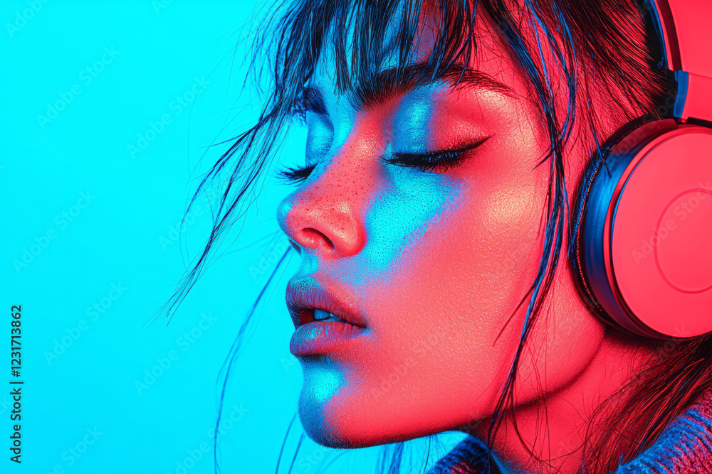 A creative side angle focusing on a woman’s profile, headphones draped over her ears, as moody blue light cascades across her serious face, A creative side angle focusing on a woman’s profile, headphones draped over her ears, as moody blue light cascades across her serious face,