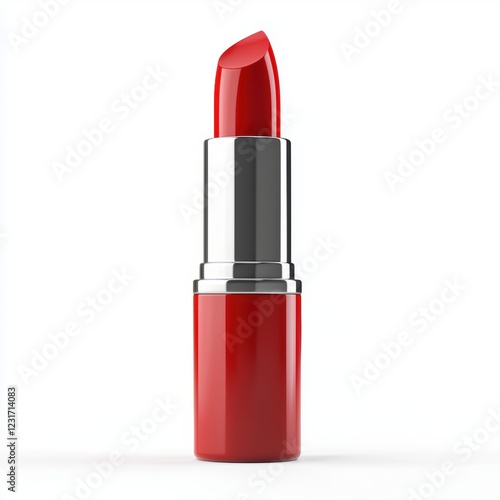 lipstick tube in vibrant red, standing upright with the cap slightly open, isolated on a clean white background