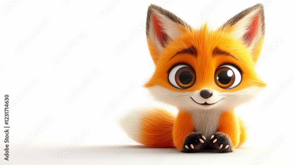 Fototapeta premium Cute cartoon fox sitting, white background, studio shot, children's book illustration