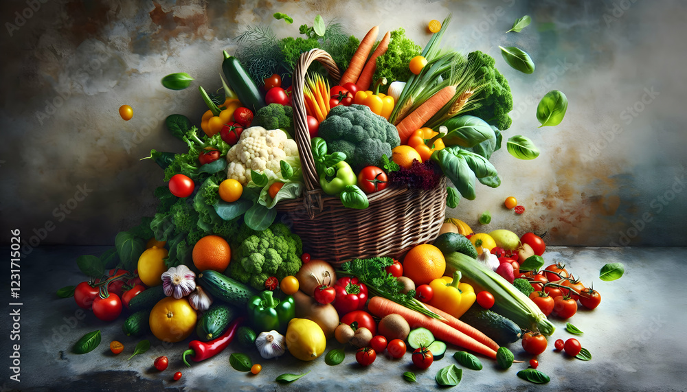 Vegetables A vibrant, cascading arrangement of fresh produce spilling out of a rustic wicker basket onto a ston4 Vegetables A vibrant, cascading arrangement of fresh produce spilling out of a rustic wicker basket onto a ston4