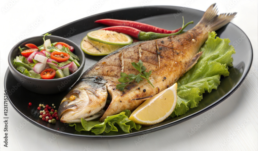 Plate with delicious sea bass fish fried
Plate with delicious sea bass fish fried