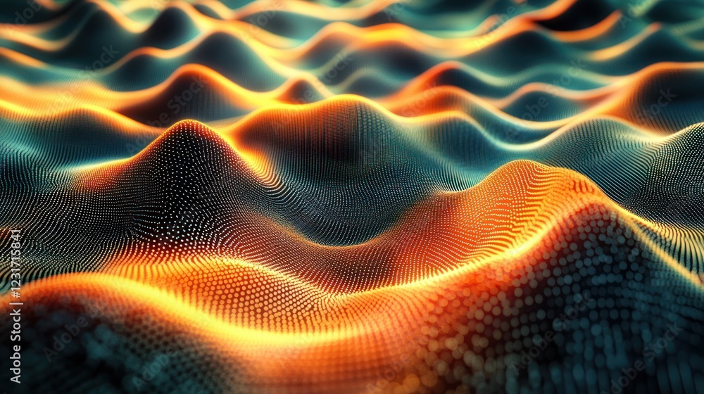 Obraz premium Abstract digital wave landscape, glowing orange, dark background, tech visualization