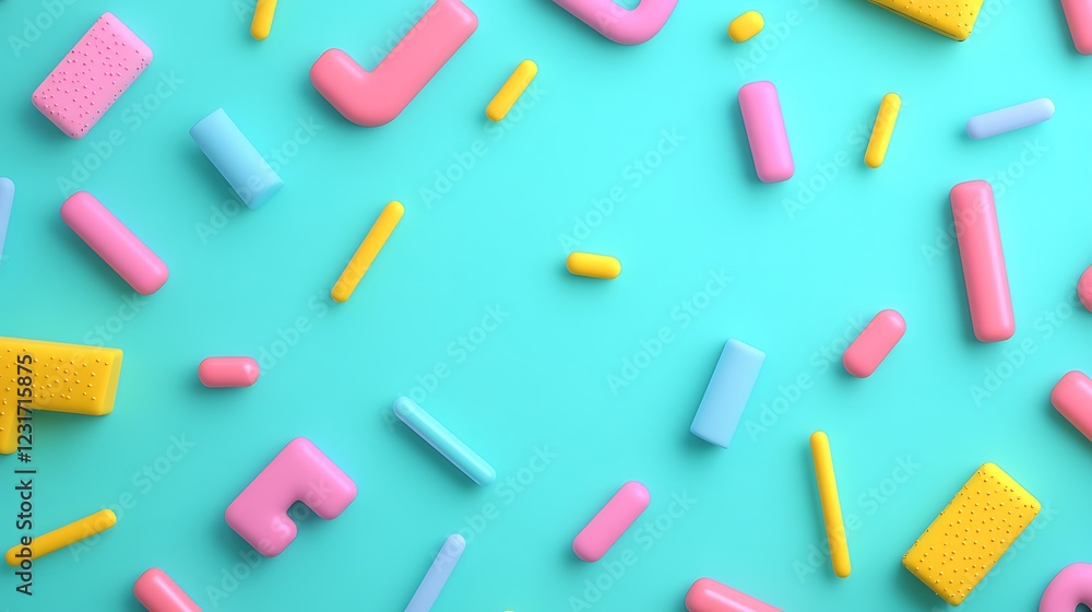 Colorful Playful Background with Geometric Shapes and Letters on Aqua Surface for Creative Designs and Projects Colorful Playful Background with Geometric Shapes and Letters on Aqua Surface for Creative Designs and Projects