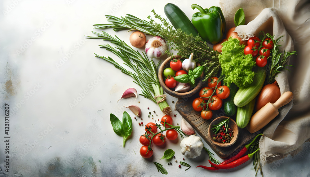 Vegetables A rustic theme with summer vegetables loosely arranged along the edges of a white background, includ2 Vegetables A rustic theme with summer vegetables loosely arranged along the edges of a white background, includ2