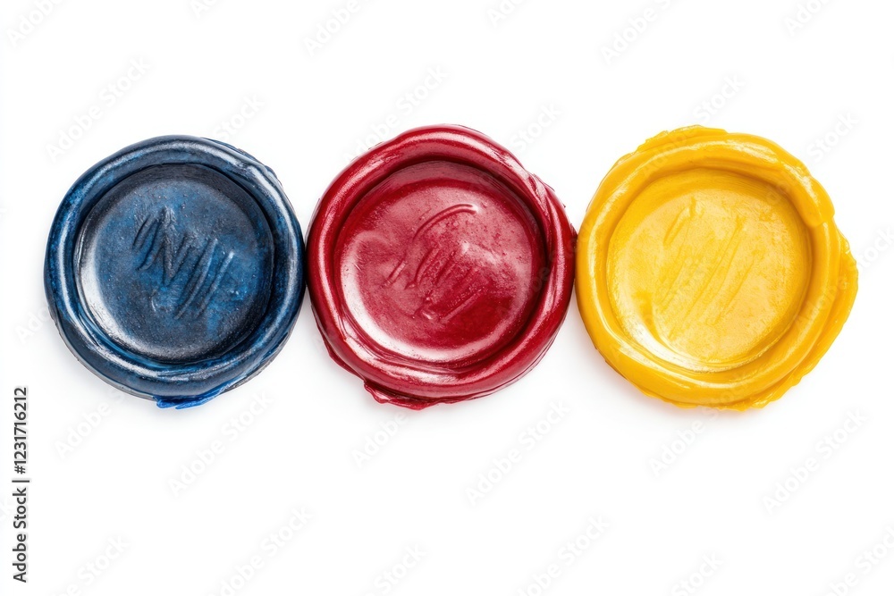 Three colorful wax seals on a white surface, showing a document?s authenticity Three colorful wax seals on a white surface, showing a document?s authenticity