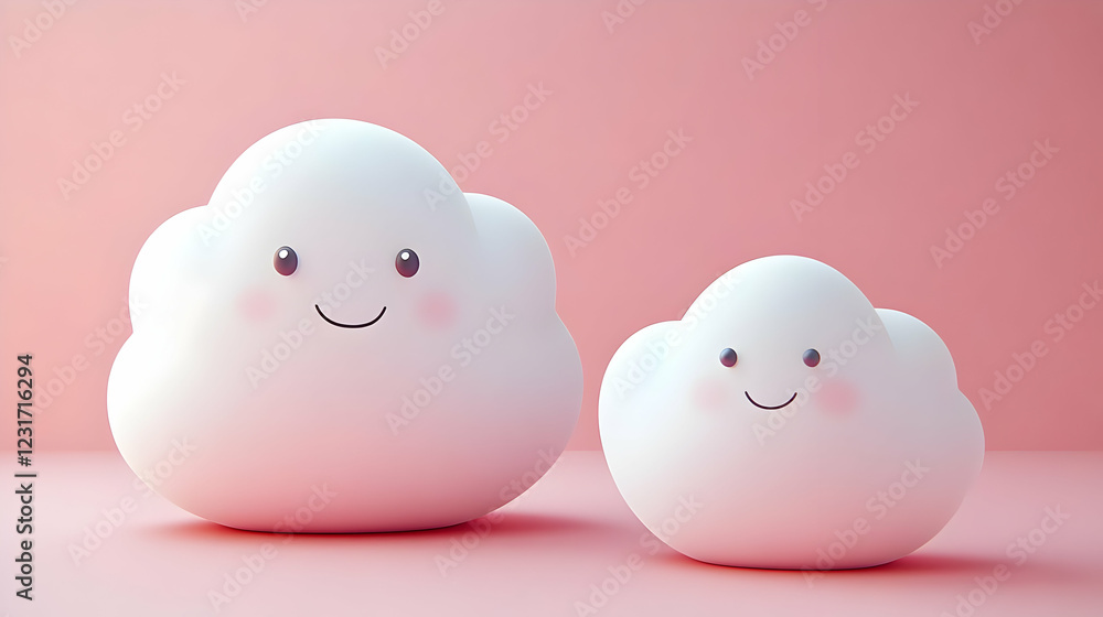 3D Illustration Cute Smiling Clouds Pink Background, Joy, Happiness, Weather 3D Illustration Cute Smiling Clouds Pink Background, Joy, Happiness, Weather