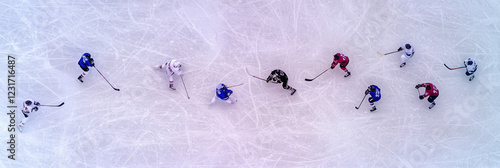 A top-down viewpoint revealing the hockey net in sharp detail, with quick-blur players darting across the glossy ice, photo