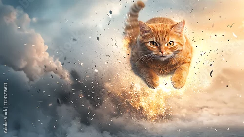 Obraz A cat is flying through a cloud of debris