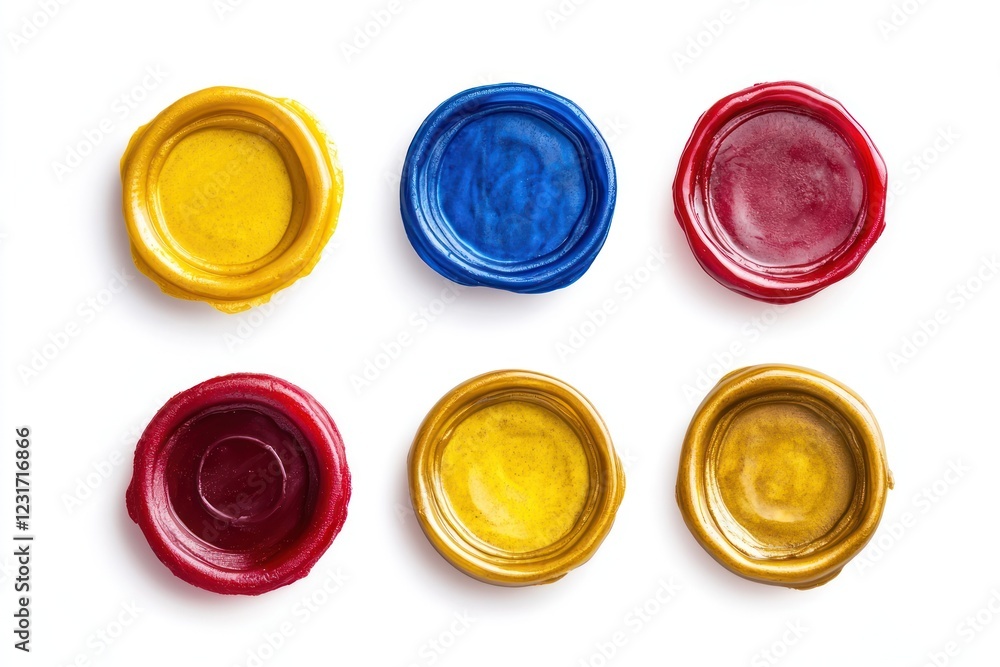 Six wax seals, various colors on white surface, for documents or crafts, flat lay studio Six wax seals, various colors on white surface, for documents or crafts, flat lay studio