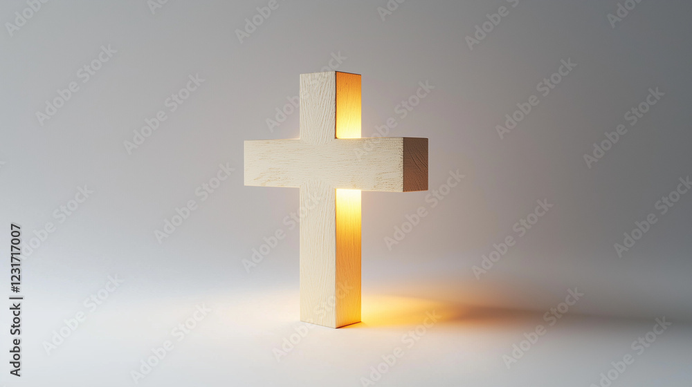 Fototapeta premium A simple wooden cross with a soft, warm glow emanating from it, set against a pure white background, symbolizing the spiritual significance of Easter.