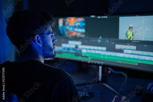 Young editor focuses on video clips while working late at night in a modern editing suite
