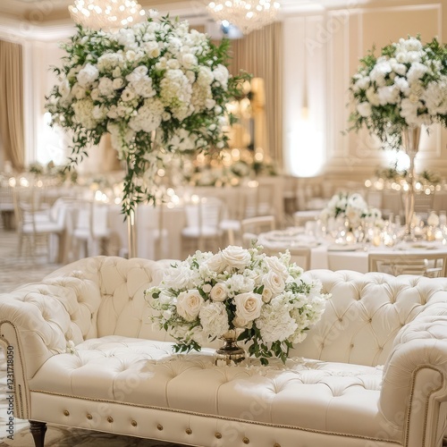 Luxurious wedding reception at the Ritz-Carlton, with white and gold floral arrangements on cream Chesterfield sofas. photo