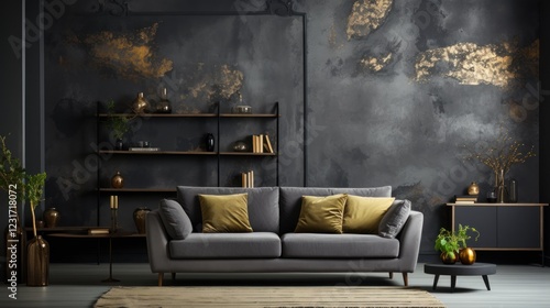 Gray sofa in dark living room with gold accents, shelving, and plants photo